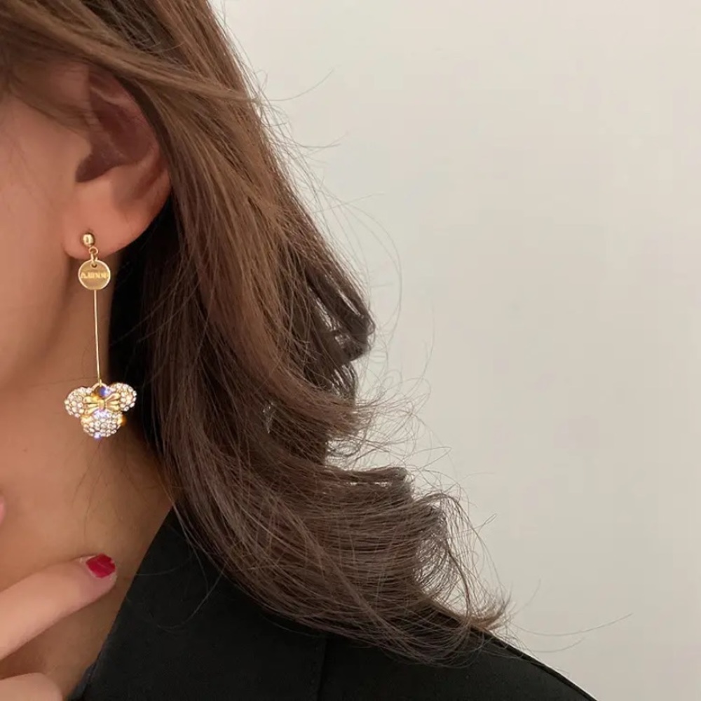 Minnie Mouse ears gold tone long stud rhinestone earrings for women NWT